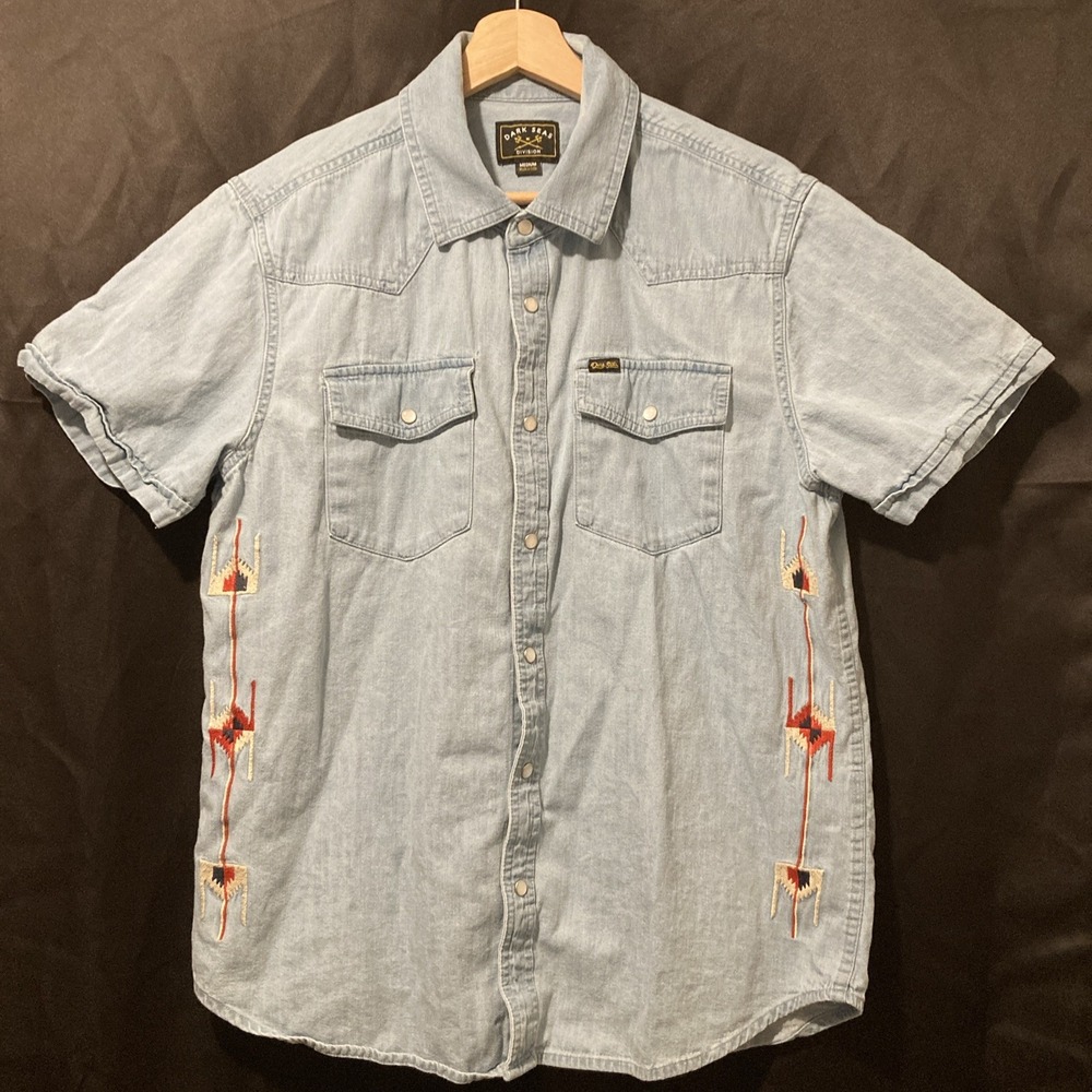 Dark Seas Mens Pearl Snap Shirt Blue M Cotton Embroidered Southwestern Denim